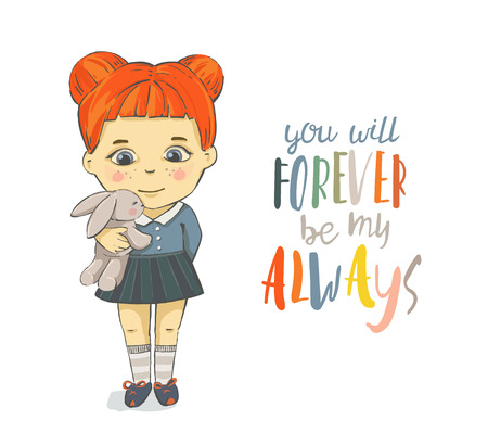 Cute girl with a hare in the arm. Good mood. Love. Vector children illustration.のイラスト素材