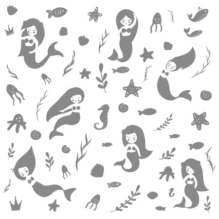 A set of beautiful mermaids. Fish, jellyfish, algae and other marine world. Vector illustration. Template the sea elements.のイラスト素材