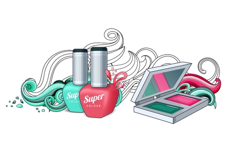 Cosmetics for women. Nail polish, eyeshadow Vector illustrationのイラスト素材