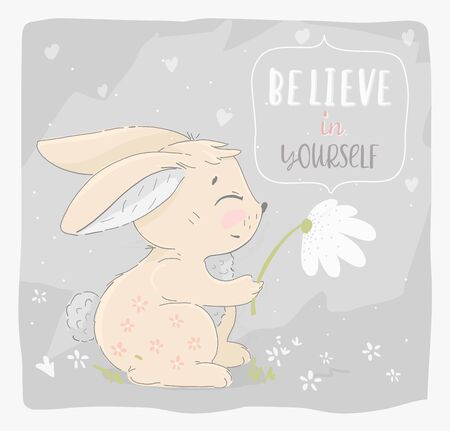 Hare with a flower. Cute vector illustration for postcard, invitation and nice mood.のイラスト素材