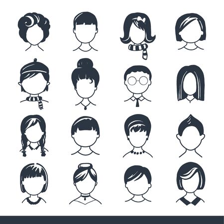 Set of avatar or user icons. Vector illustration. Silhouettes man and woman. Adult, youth and child heads. Business people. Colleagues, hiefs and employees.のイラスト素材