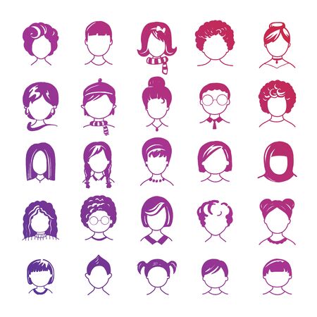 Set of avatar or user icons. Vector illustration. Silhouettes man and woman. Adult, youth and child heads. Business people. Colleagues, hiefs and employees.のイラスト素材