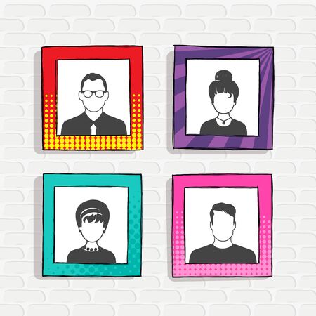 Set of avatar or user icons insert in photo frame. Vector illustration. Silhouettes man and woman. Adult, youth and child heads. Business people. Colleagues, chiefs and employees.のイラスト素材