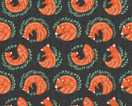 Fox and nature seamless pattern. Vector abstract illustration. Endless background.のイラスト素材