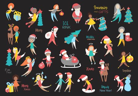 Flat Icons of people with different characters. Merry christmas or happy new year.のイラスト素材