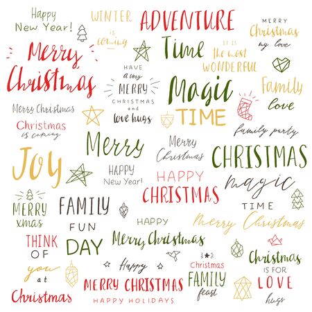 Lettering merry christmas and happy new year. Hand drawn vector illustration. Text templates.のイラスト素材