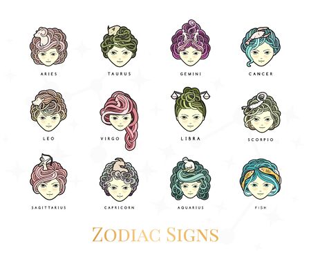 Vector illustration of the girls with beautiful hair. Zodiac sign, prediction, future, astrology. Fortune telling and magic in the universe.のイラスト素材