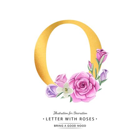 Watercolor letter with flowers and gold background. Font with roses.の写真素材
