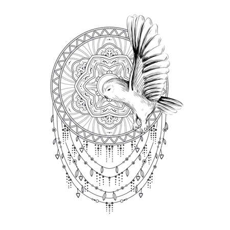 Dreamcatcher boho vector illustration. Bohemian Dream Catcher Clipart with Owl Hand Drawn.のイラスト素材