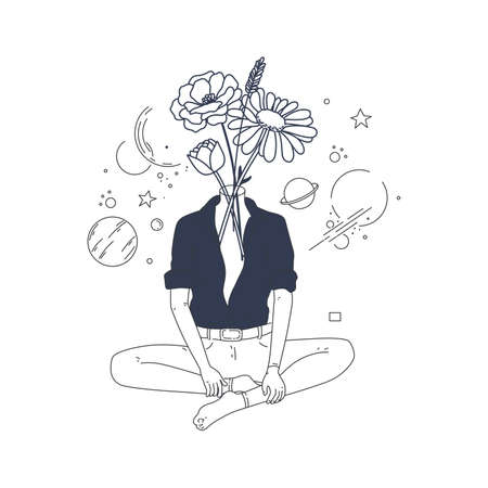Minimal Line Drawing Woman Flower Images. Girl with flowers. Line Vector illustration.のイラスト素材