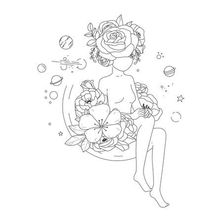 Minimal Line Drawing Woman Flower Images. Girl with flowers. Line Vector illustration.のイラスト素材