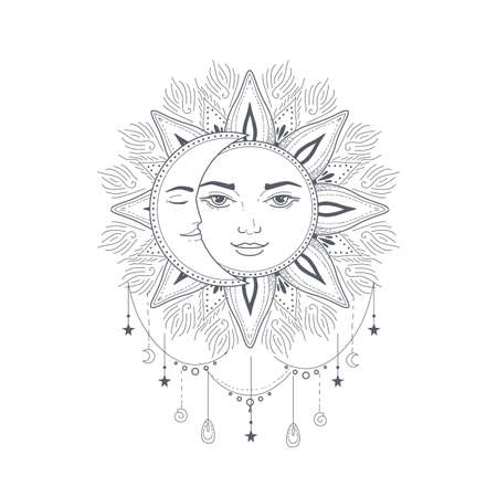 Esoteric symbol sun and moon boho vector illustration. Mystical astrology, boho celestial and magic.のイラスト素材