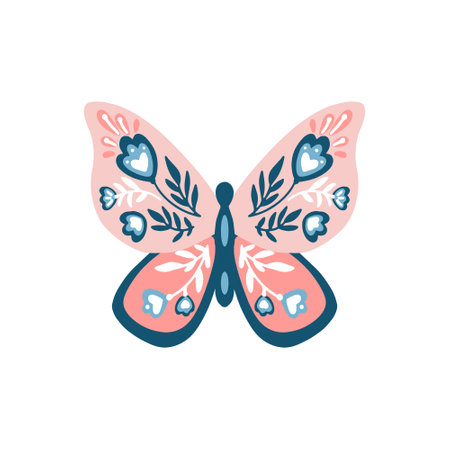 Butterfly with flowers. Scandinavian design in floral composition. Swedish and Norwegian motives. Vector illustration.のイラスト素材