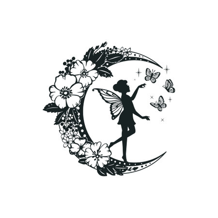 Silhouette of a fairy with flowers and moon. Vector illustration isolated on white background.のイラスト素材