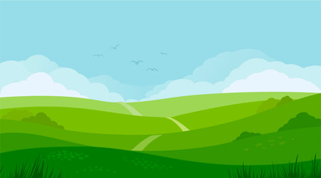 Beautiful environment landscape of green field. Beautiful natural scenic panorama. Field vector illustration.のイラスト素材
