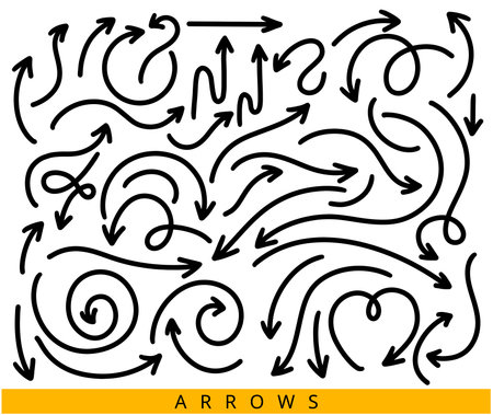 Set curved arrows. Collection line marker arrows in different directions. Curved and wavy brush. Vector illustration.のイラスト素材