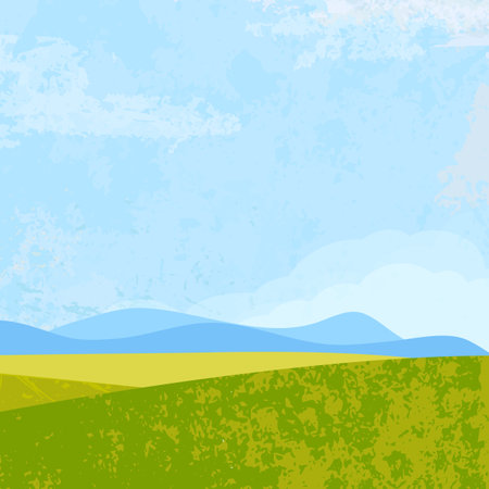 Landscape vector background. Nature wallpaper with blue sky, clouds, grass and place for your text. Grange and vintage field. Illustration for banner, wall art, cover, decoration temlate.のイラスト素材