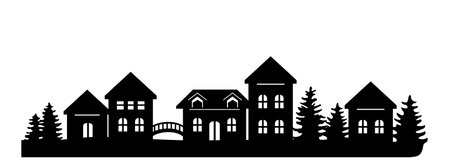 Beautiful town and village silhouette. Winter houses on white background. landscape with trees and houses template vector. Christmas crafts and festive illustration.のイラスト素材
