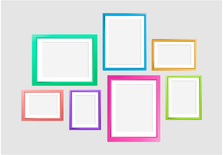 Set of colorful wooden photo frames collection. Wooden colorful square picture frames set. Photo Frames for your design, galleries, decor, wall art.のイラスト素材