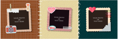 Realistic design photo frames on  pattern. Decorative template for baby, family or memories. Scrapbook concept, vector illustration. Birthdayのイラスト素材