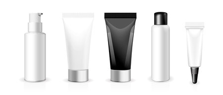 Vector realistic Tubes Package. Packing White Cosmetics Or Medicines Design elemants. Blank 3D beauty product mockups, Lip tube, skincare templatesのイラスト素材