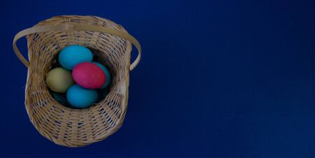 Holiday card for Easter, template, banner, copy Space on blue background.の写真素材