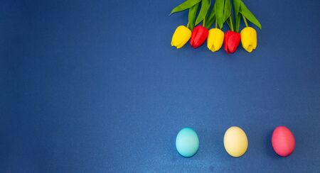 Holiday card for Easter, template, banner, copy Space on blue background.の写真素材