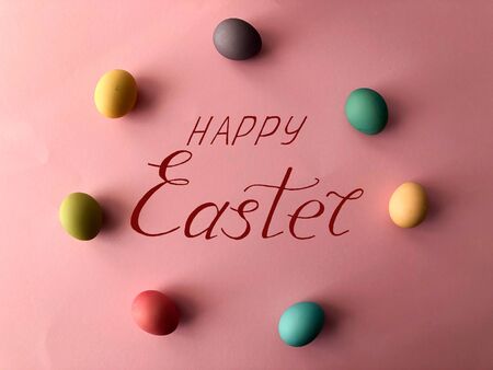 Greeting card for Easter with eggs and the text - "Happy Easter"の写真素材