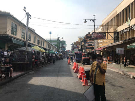 Bangkok, Thailand - February 10, 2020: Khao San Road in Bangkok, Thailand, on the street repair, replacement of pipesのeditorial素材