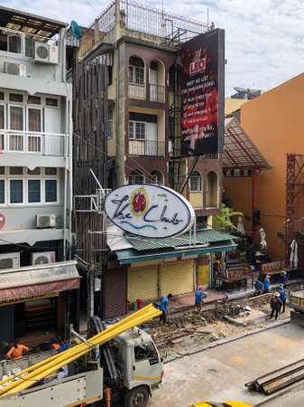 Bangkok, Thailand - February 10, 2020: Khao San Road in Bangkok, Thailand, on the street repair, replacement of pipesのeditorial素材
