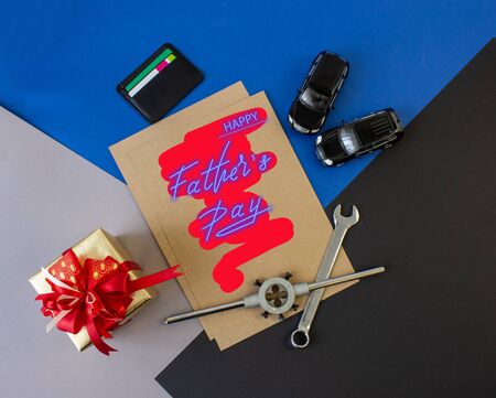 Trend greeting card, online banner on Father's Day with a blue neon signの写真素材