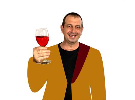 trendy style photo with elements of the drawing of a man with a glass of wineの写真素材