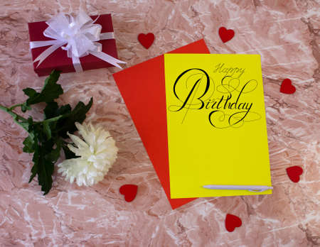 postcard or Internet banner with a birthday greeting, with the inscription - happy birthdayの写真素材