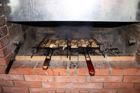 meat on the grill is fried in an oven, barbecue