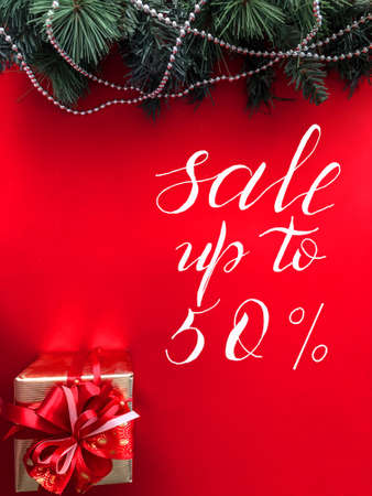 Christmas and New Year Sale, Gift Voucher, Discount Coupon with the inscription - sale up to 50 percentの写真素材