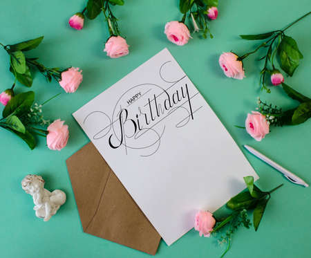 postcard, Internet banner, flat lay with a birthday greeting, with the inscription - happy birthday....