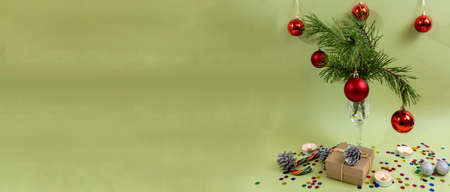 Merry Christmas and happy new year. Card, banner, Flat Lay, flyer, greeting card with place for textの写真素材