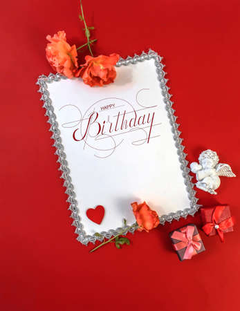 postcard, Internet banner, flat lay with a birthday greeting, with the inscription - happy birthdayの写真素材