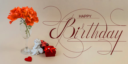 postcard, Internet banner, flat lay with a birthday greeting, with the inscription - happy birthdayの写真素材