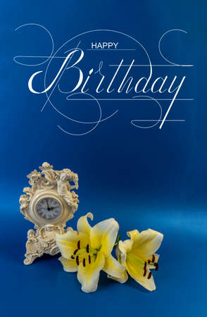 postcard, Internet banner, flat lay with a birthday greeting, with the inscription - happy birthdayの写真素材