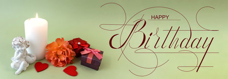 postcard, Internet banner, flat lay with a birthday greeting, with the inscription - happy birthdayの写真素材