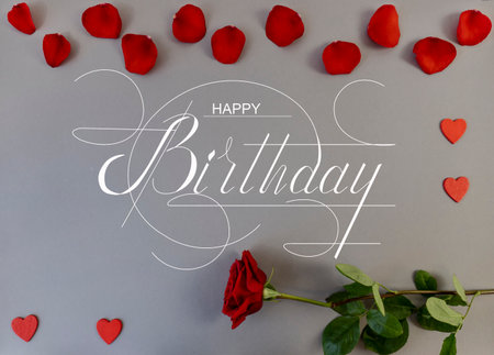 postcard, Internet banner, flat lay with a birthday greeting, with the inscription - happy birthday With red rosesの写真素材
