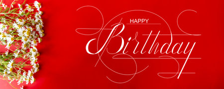 postcard, Internet banner, flat lay with a birthday greeting, with the inscription - happy birthdayの写真素材
