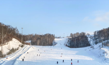 Funny Polyana, Russia - January 17,2021: Sports and Recreation. Ski base next to the city of Almetyevskのeditorial素材