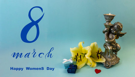 International Women's Day March 8! Flat Lay, banner, greeting card with flowers from March 8.