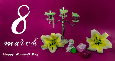 International Women's Day March 8! Flat Lay, banner, greeting card with flowers from March 8.