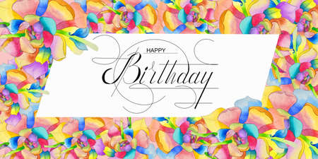 postcard, Internet banner, flat lay with a birthday greeting, with the inscription - happy birthday With watercolor flowersの写真素材