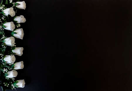 Flat Lay, postcard for death, funeral. White roses on a black background. copy space