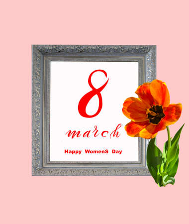 International Women's Day March 8! Flat Lay, banner, greeting card with flowers from March 8.