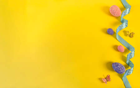 Happy easter! Flat Lay, Internet banner with Copy Space on Easter